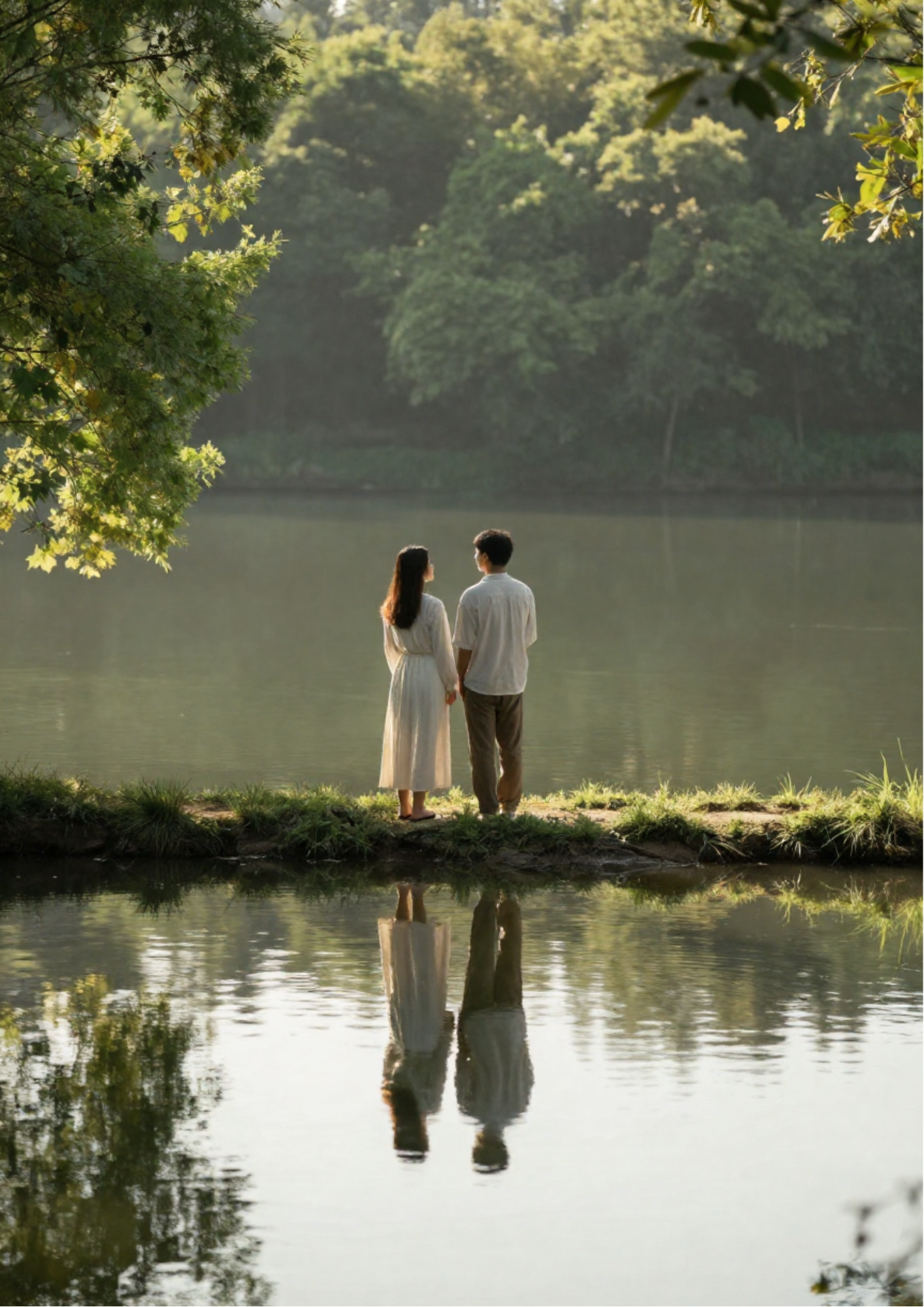 Couple standing beside a lake looking at their reflections in the water