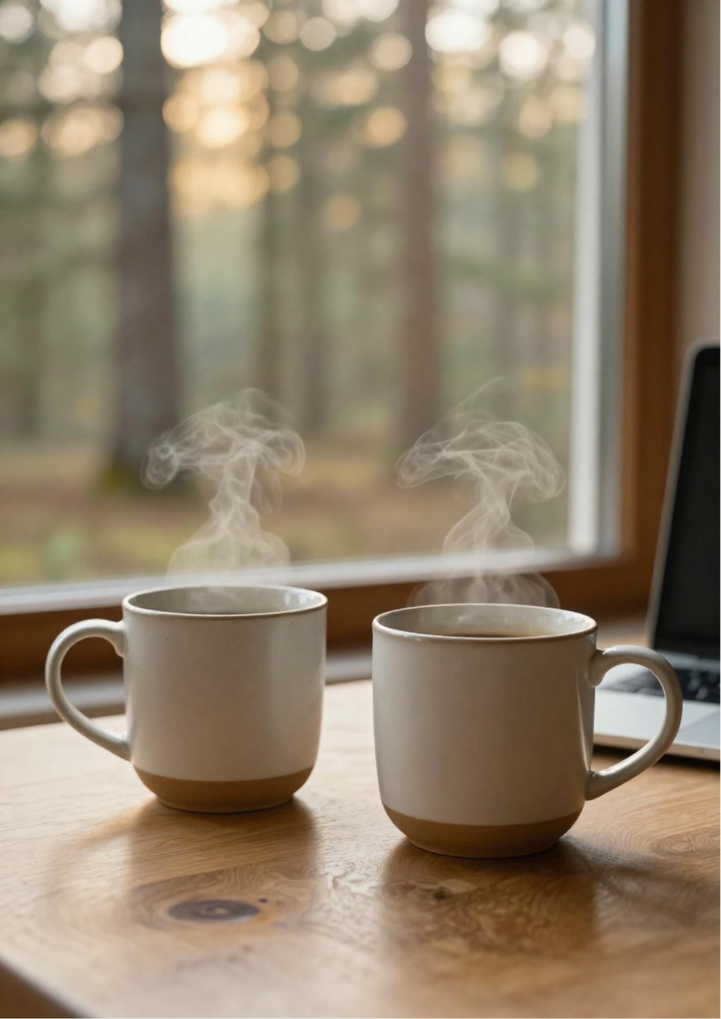 Two warm coffee mugs beside a laptop overlooking a forest, representing connection and presence during online therapy.<br />
